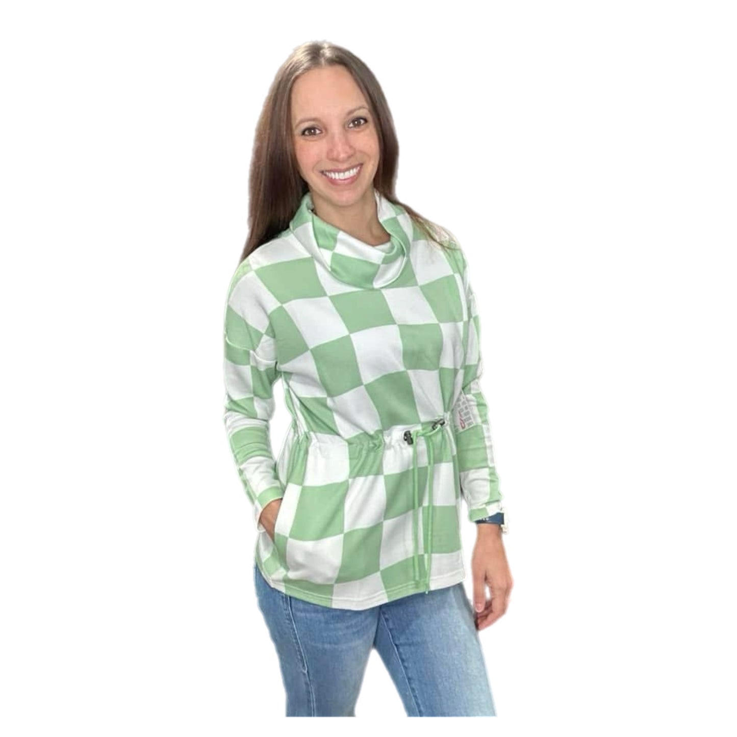 Teresa Cowl Neck Pullover - Green Check