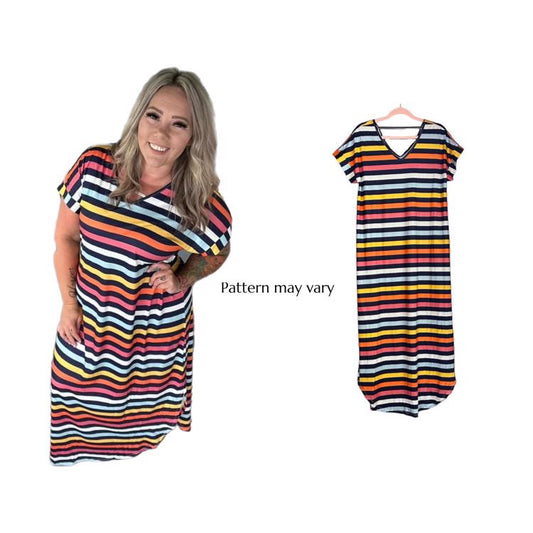 Macy V Neck Dress - Rainbow Stripe